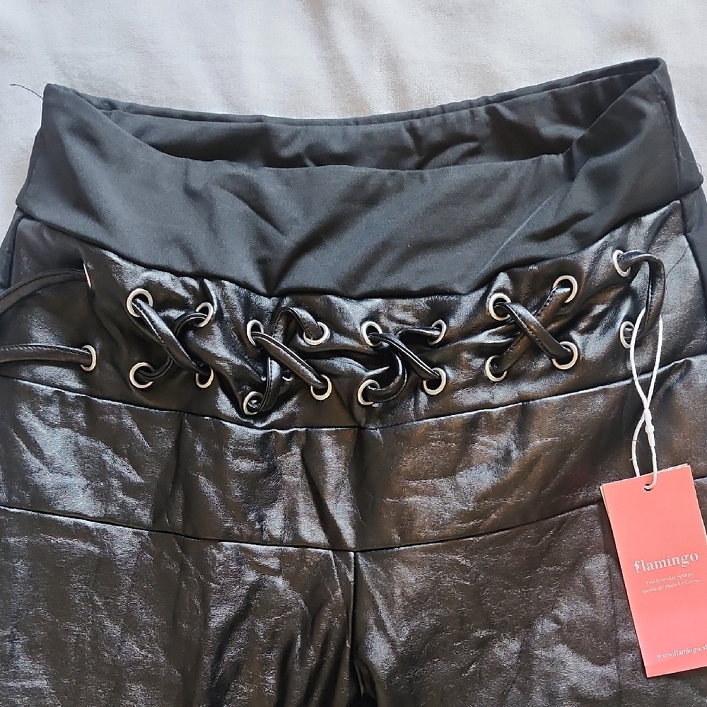 Faux Leather Black Leggings with Lace Up-Accent Waist